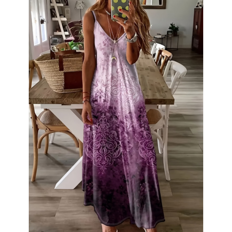 Women Abstract Sleeveless V Neck Printing Dress Daily Casual Maxi Slip Dress X-Line Summer Dress