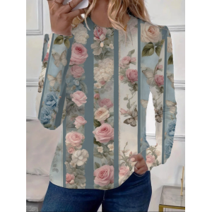 Women's Long Sleeve Tee T-shirt Spring/Fall Floral Printing Crew Neck Casual Graphic Tee Top