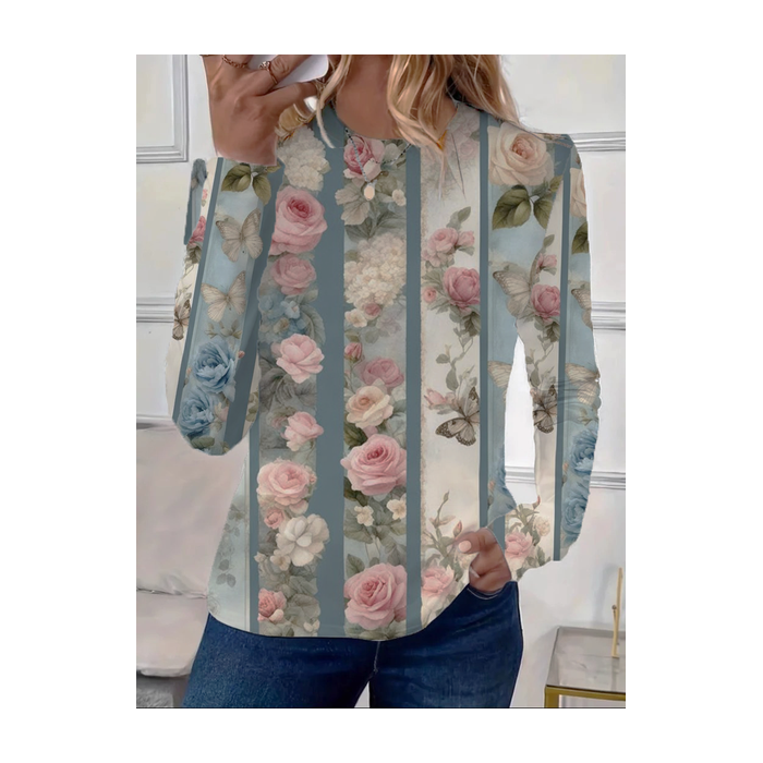 Women's Long Sleeve Tee T-shirt Spring/Fall Floral Printing Crew Neck Casual Graphic Tee Top