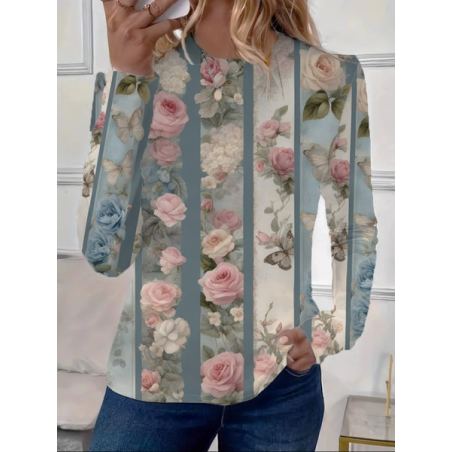 Women's Long Sleeve Tee T-shirt Spring/Fall Floral Printing Crew Neck Casual Graphic Tee Top