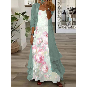 Women Floral Printing Two-Piece Set Daily Three Quarter Sleeve Casual Spring/Fall Dress With Coat Matching Set