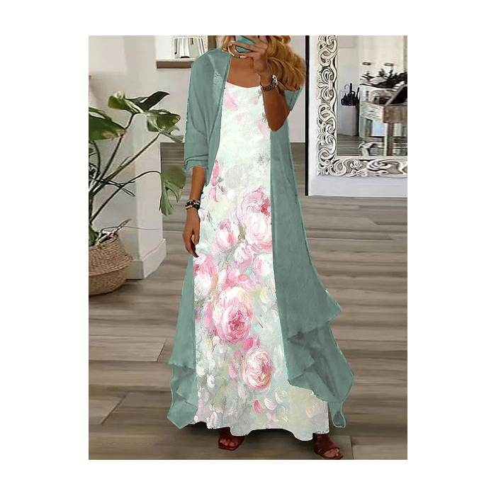 Women Floral Printing Two-Piece Set Daily Three Quarter Sleeve Casual Spring/Fall Dress With Coat Matching Set