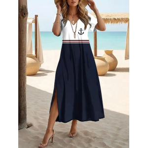Women Anchor Short Sleeve Summer Printing Dress V Neck Daily Casual Maxi X-Line Dress