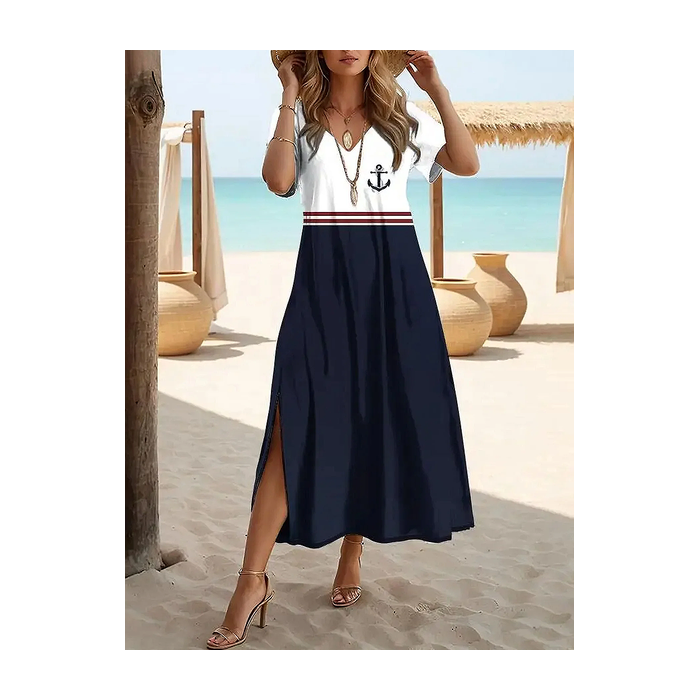 Women Anchor Short Sleeve Summer Printing Dress V Neck Daily Casual Maxi X-Line Dress