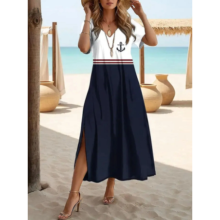 Women Anchor Short Sleeve Summer Printing Dress V Neck Daily Casual Maxi X-Line Dress