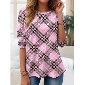 Women Plaid Long Sleeve Tee T-shirt Crew Neck Printing Casual Tunic Spring/Fall Top