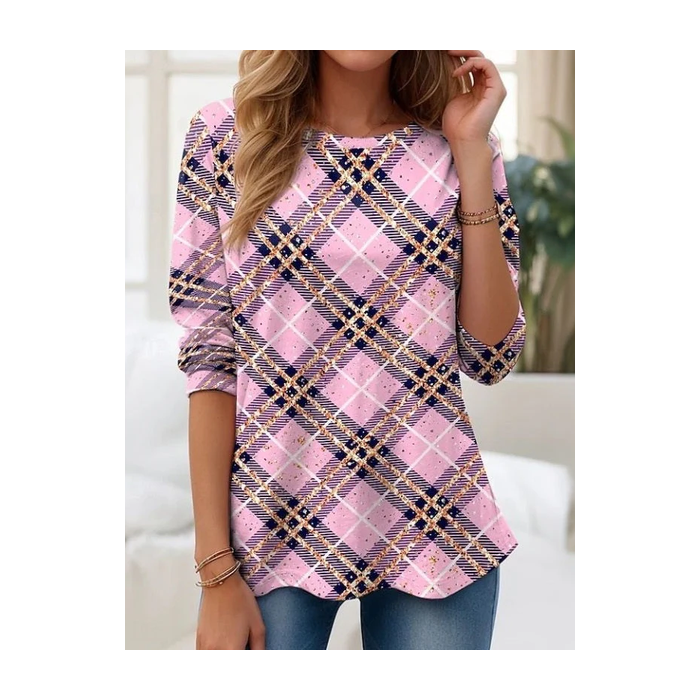 Women Plaid Long Sleeve Tee T-shirt Crew Neck Printing Casual Tunic Spring/Fall Top