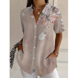 Women Floral Shirt Collar Short Sleeve Shirt Printing Casual Daily Summer Top