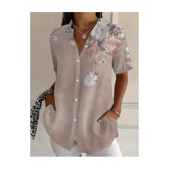 Women Floral Shirt Collar Short Sleeve Shirt Printing Casual Daily Summer Top