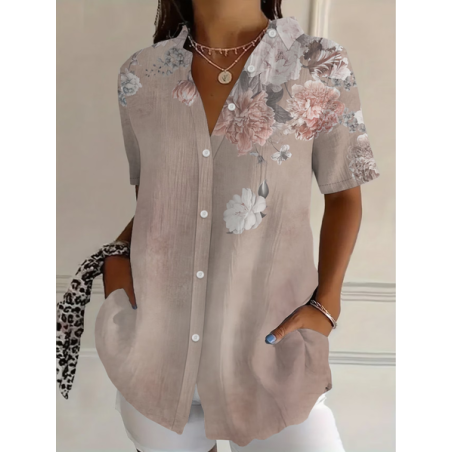Women Floral Shirt Collar Short Sleeve Shirt Printing Casual Daily Summer Top