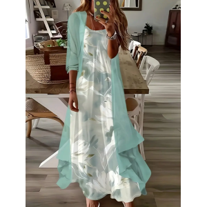 Women Floral Printing Two-Piece Set Daily Three Quarter Sleeve Casual Spring/Fall Dress With Coat Matching Set