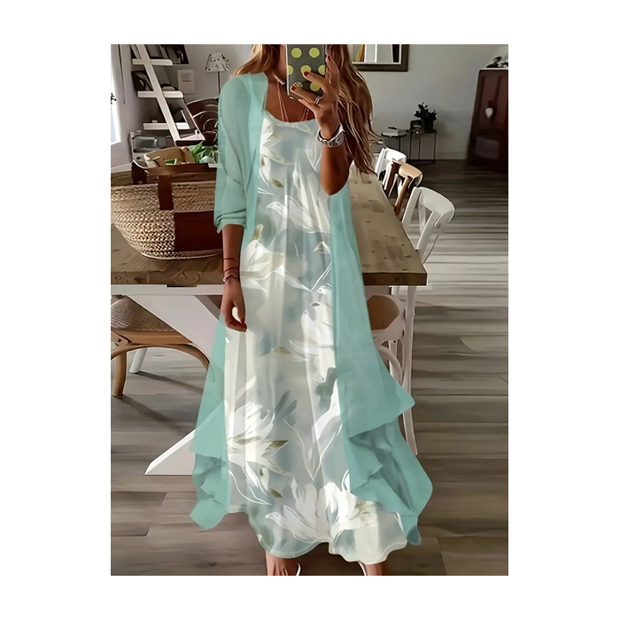 Women Floral Printing Two-Piece Set Daily Three Quarter Sleeve Casual Spring/Fall Dress With Coat Matching Set