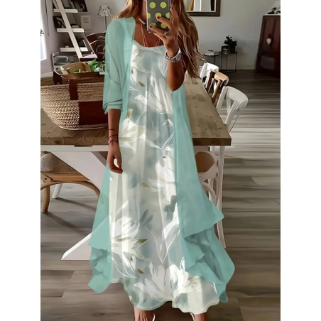 Women Floral Printing Two-Piece Set Daily Three Quarter Sleeve Casual Spring/Fall Dress With Coat Matching Set