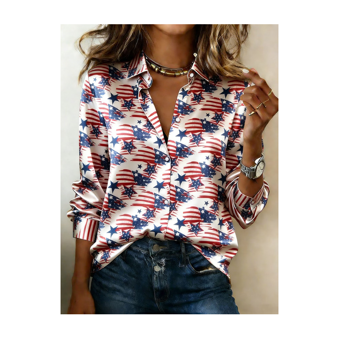 Women America Flag Shawl Collar Long Sleeve Shirt Casual Daily Spring/Fall Top