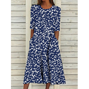 Women Floral Short Sleeve Summer Printing Dress Crew Neck Daily Casual Maxi Shift Dress H-Line Dress
