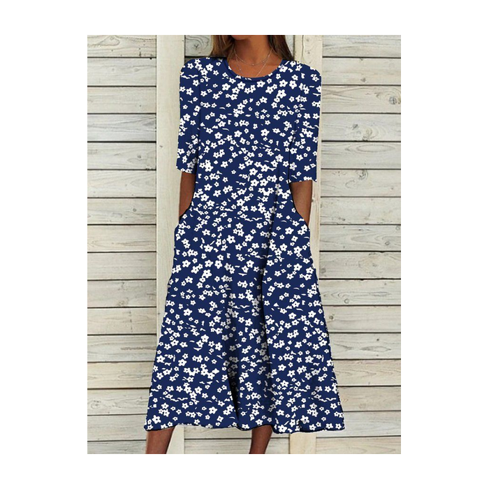 Women Floral Short Sleeve Summer Printing Dress Crew Neck Daily Casual Maxi Shift Dress H-Line Dress