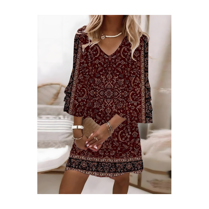 Women Floral Half Sleeve Summer Printing Dress V Neck Daily Casual Maxi H-Line Dress