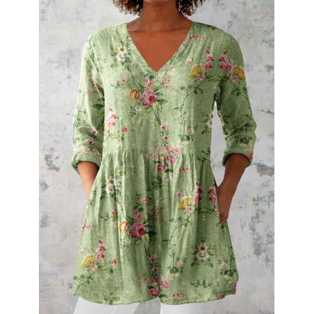 Women's Floral Half Sleeve Blouse_ Summer Printing V Neck Daily Casual Top