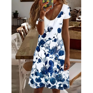 Women Floral Short Sleeve Summer Printing Dress V Neck Daily Casual Midi Fit & Flare Dress A-Line Dress