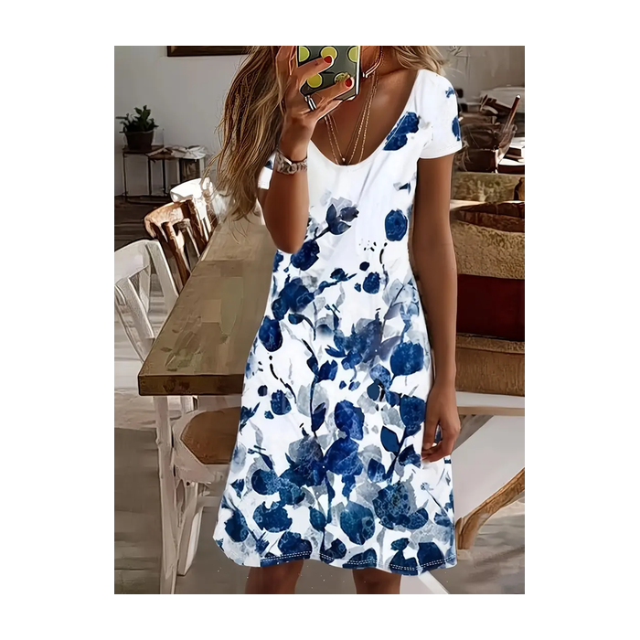 Women Floral Short Sleeve Summer Printing Dress V Neck Daily Casual Midi Fit & Flare Dress A-Line Dress
