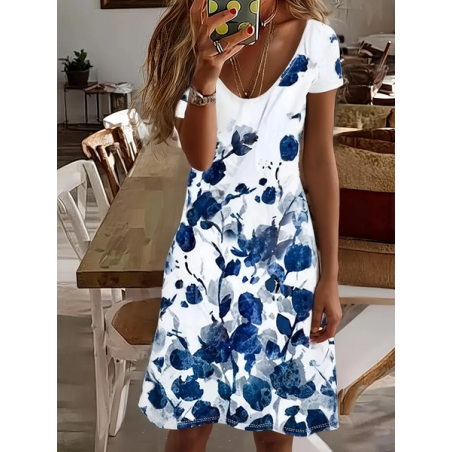 Women Floral Short Sleeve Summer Printing Dress V Neck Daily Casual Midi Fit & Flare Dress A-Line Dress