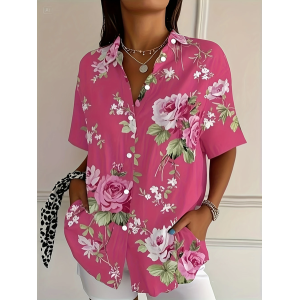 Women Floral Short Sleeve Shirt Summer Printing Shirt Collar Daily Casual Top