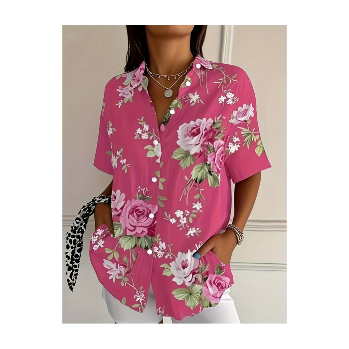 Women Floral Short Sleeve Shirt Summer Printing Shirt Collar Daily Casual Top