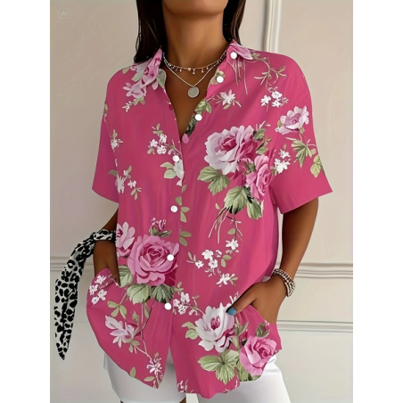 Women Floral Short Sleeve Shirt Summer Printing Shirt Collar Daily Casual Top