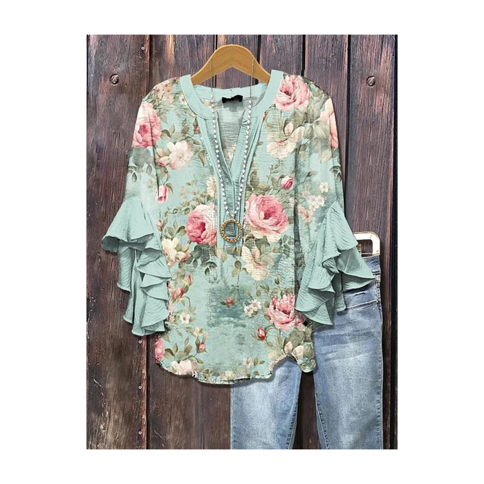 Women Floral Half Sleeve Shirt Summer Printing V Neck Daily Casual Top