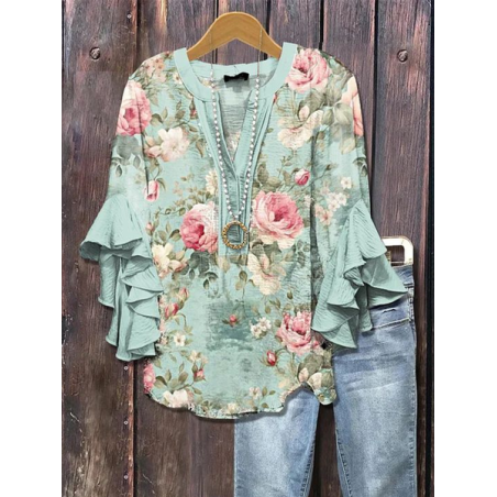 Women Floral Half Sleeve Shirt Summer Printing V Neck Daily Casual Top
