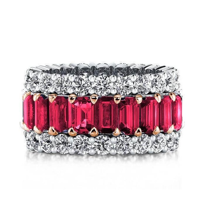 Triple Row Baguette Two Tone Created Garnet Wedding Band