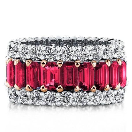 Triple Row Baguette Two Tone Created Garnet Wedding Band