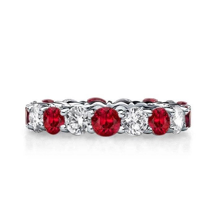 Round Cut Created White & Garnet Eternity Wedding Band