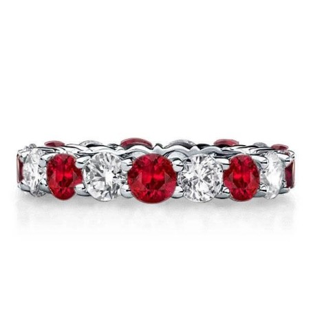 Round Cut Created White & Garnet Eternity Wedding Band