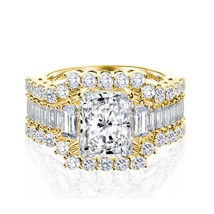 Italo Golden Three Stone Created White Sapphire 3PC Wedding Set