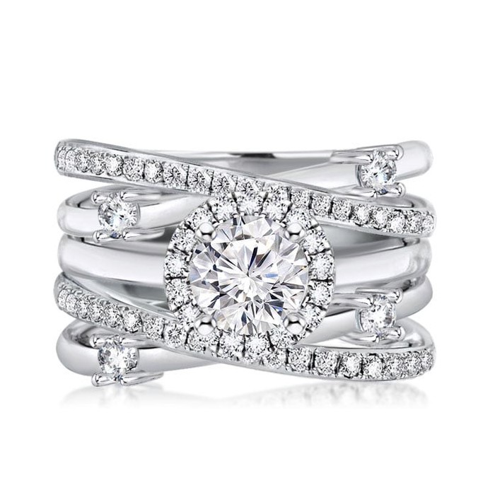 Italo Halo Round Cut Engagement Rings Sets In Sterling Silver