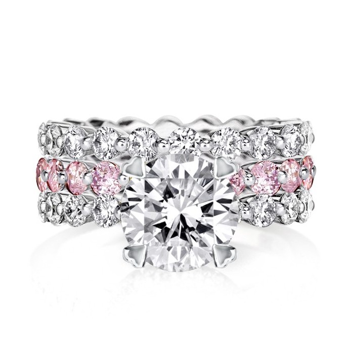 Round Cut Pink & White Sapphire Eternity 3PC Wedding Set