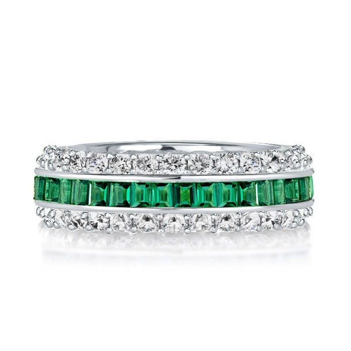 Triple Row Created White & Green Eternity Wedding Band