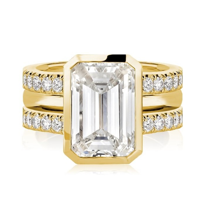 Golden Bezel Setting Emerald Cut 3PC Wedding Ring Set