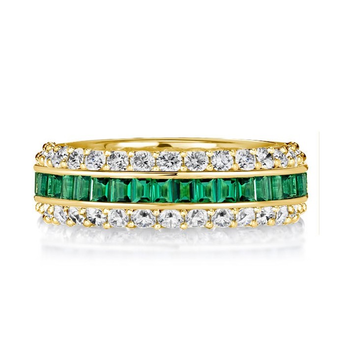 Triple Row Created White & Green Eternity Wedding Band For Women