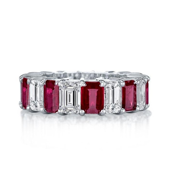 Emerald Cut Ruby Eternity Wedding Band Ring