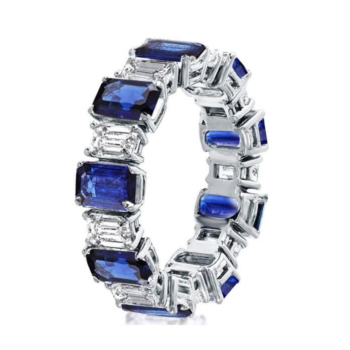 Alternating White & Blue Sapphire Emerald Cut Eternity Wedding Band