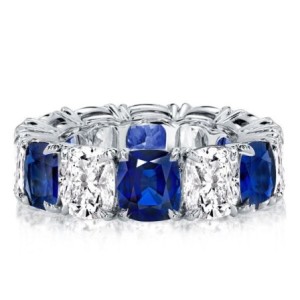 Classic Blue & White Cushion Eternity Wedding Band For Women
