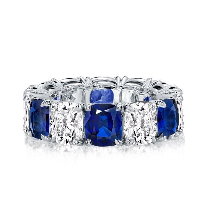 Classic Blue & White Cushion Eternity Wedding Band For Women
