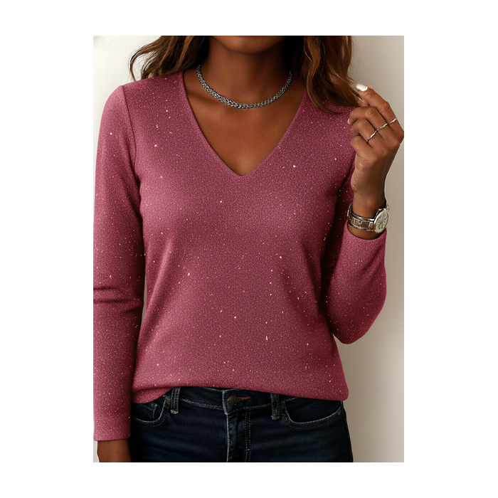 Women Plain Long Sleeve Tee T-shirt V Neck Split Joint Casual Spring/Fall Top