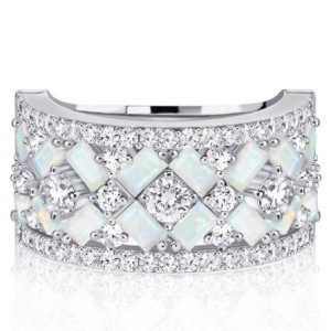 Multi Row Baguette Opal Half Eternity Wedding Band For Women