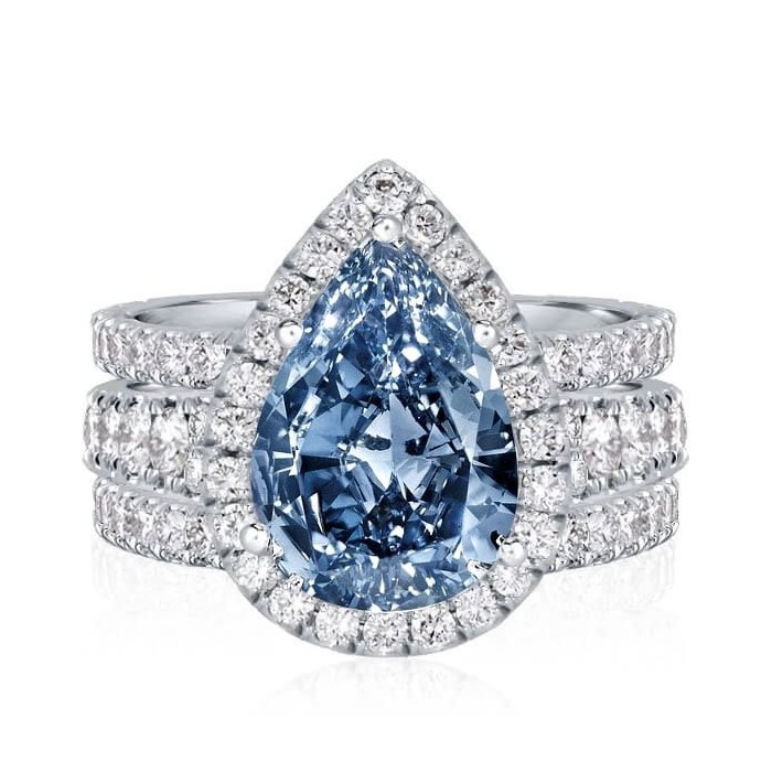 Italo Halo Pear Cut Blue Topaz Engagement Rings Sets Bridal Set