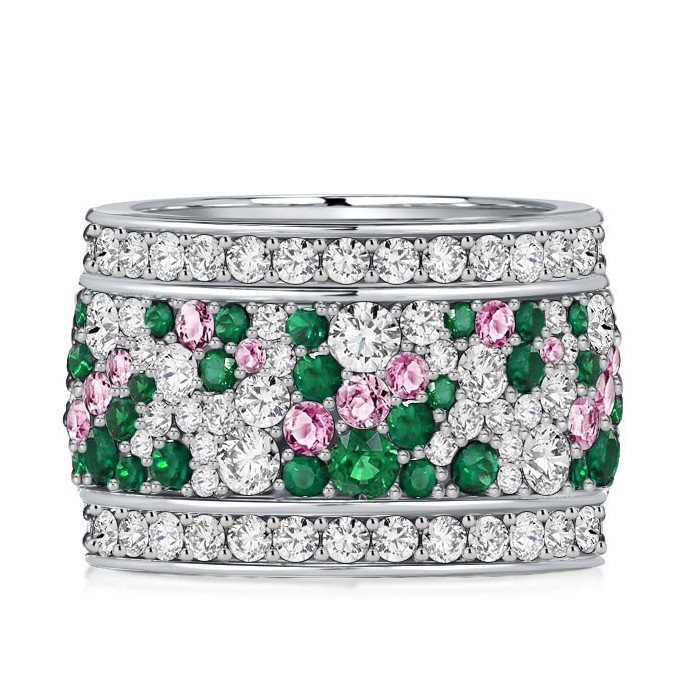 Italo Multi Row Green Emerald Wedding Band Pink Ring
