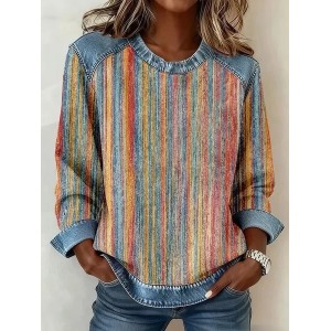 Women Abstract Stripes Crew Neck Printing Vintage Spring/Fall Long Sleeve Sweatshirt