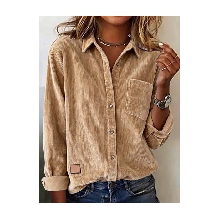 Women's Long Sleeve Shirt Spring/Fall Camel Plain Split Joint Polyester Cotton Shawl Collar Daily Going Out Casual Top